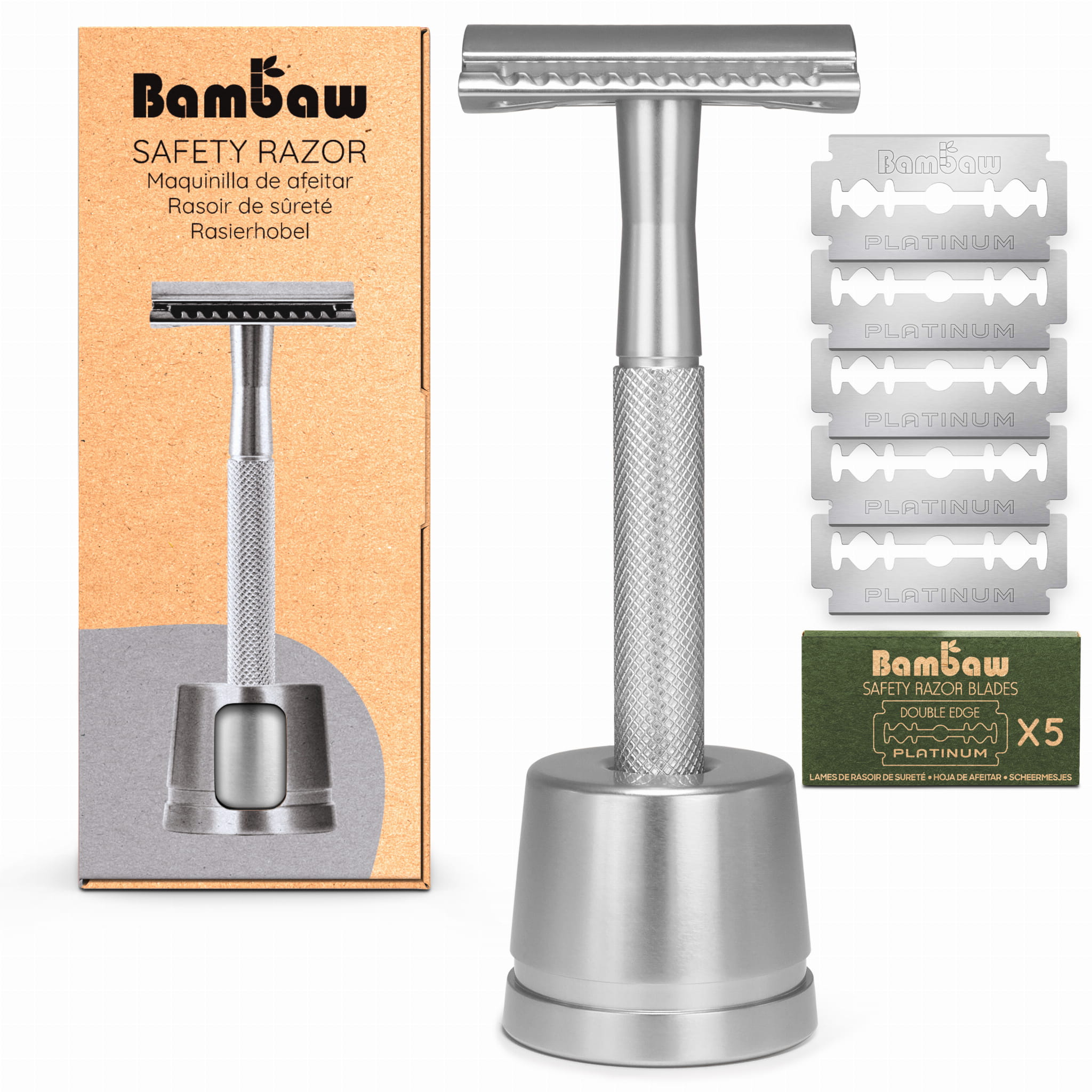 Bambaw Metalowa maszynka do golenia na żyletki + stojak Silver