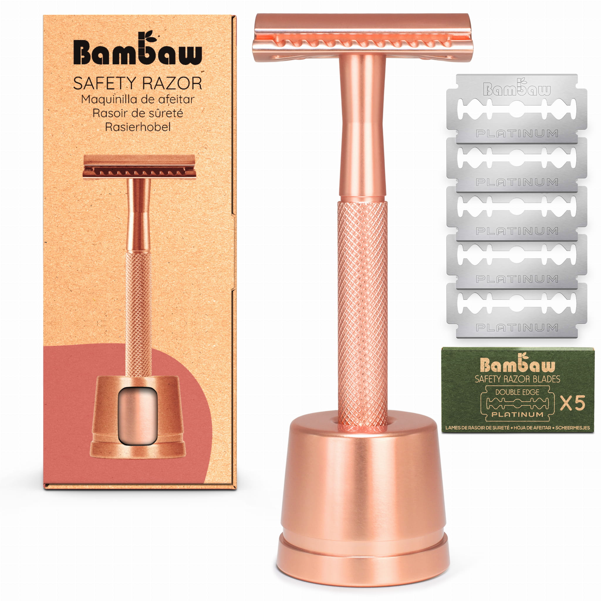 Bambaw Metalowa maszynka do golenia na żyletki + stojak Rosegold